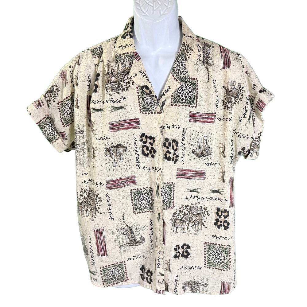 Cabin Creek Button Up Shirt Womens XL Cream Animal Tiger Leopard Print Vintage